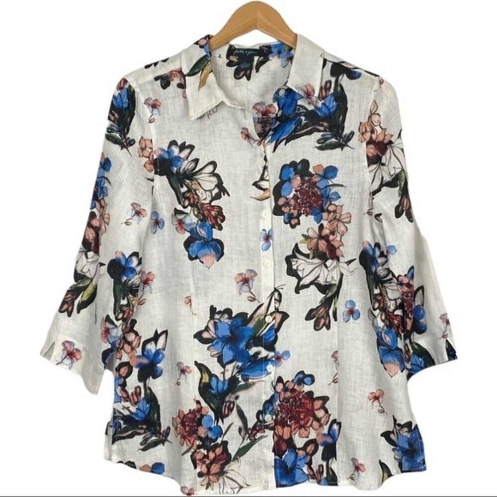 Faith & Zoe top womens floral linen button white blue buttons Sz L